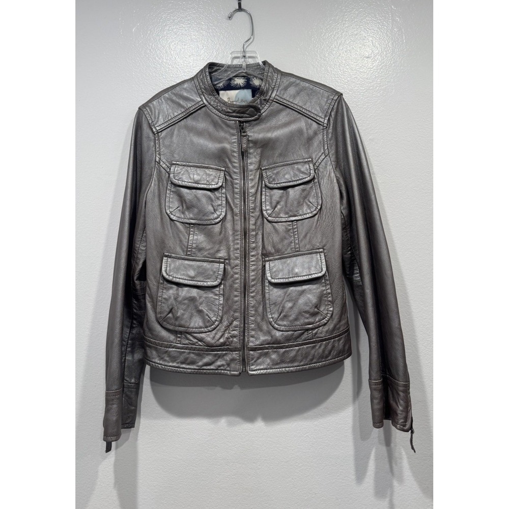 BODEN Silver Metallic Moto Leather Jacket Size 10 Holiday Chic Futuristic Y2K